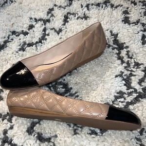 Tory Burch Claremont Quilted Leather Flat with Patent Toe, Size 7.5
